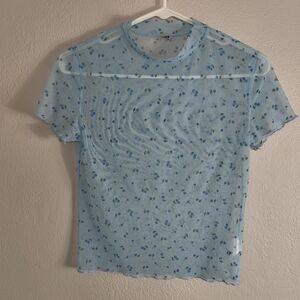 UNIF Blue Cherry Print Sheer Mesh Mock Neck Cap Sleeve Baby Tee Medium